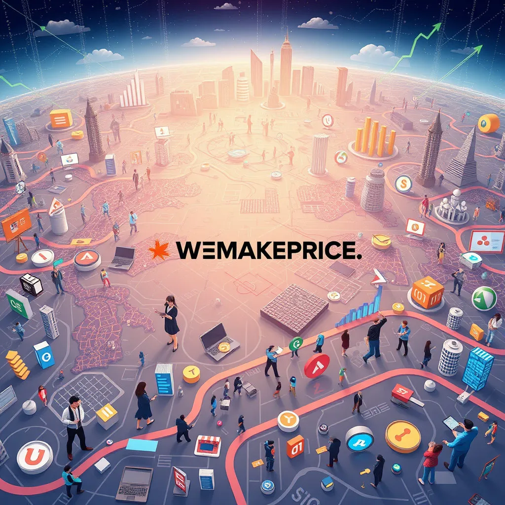 거대한 이커머스 지도 위에서 위메프 로고가 작게 사라져 가는 모습이나, 새로운 기업들이 치열하게 경쟁하는 모습을 역동적으로 그립니다. 변화와 생존을 위한 끊임없는 혁신이 필요함을 강조하며, 미래를 향한 시사점을 담아낼 수 있습니다.