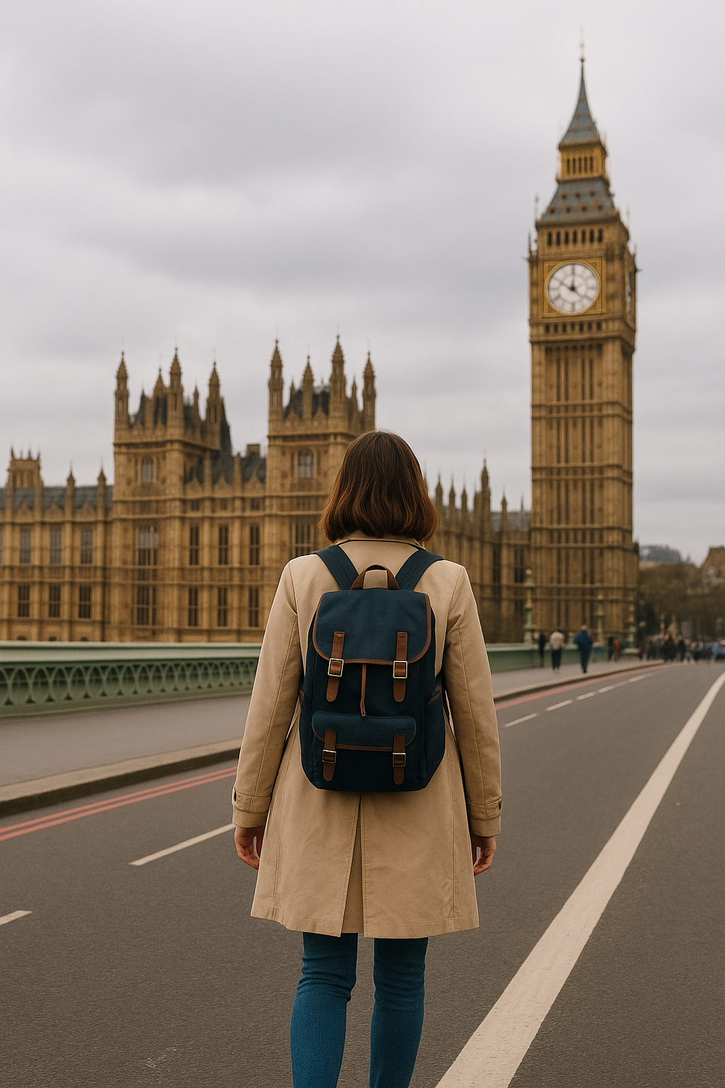 런던의 빅벤과 웨스트민스터 다리 앞을 걷는 여행자 모습