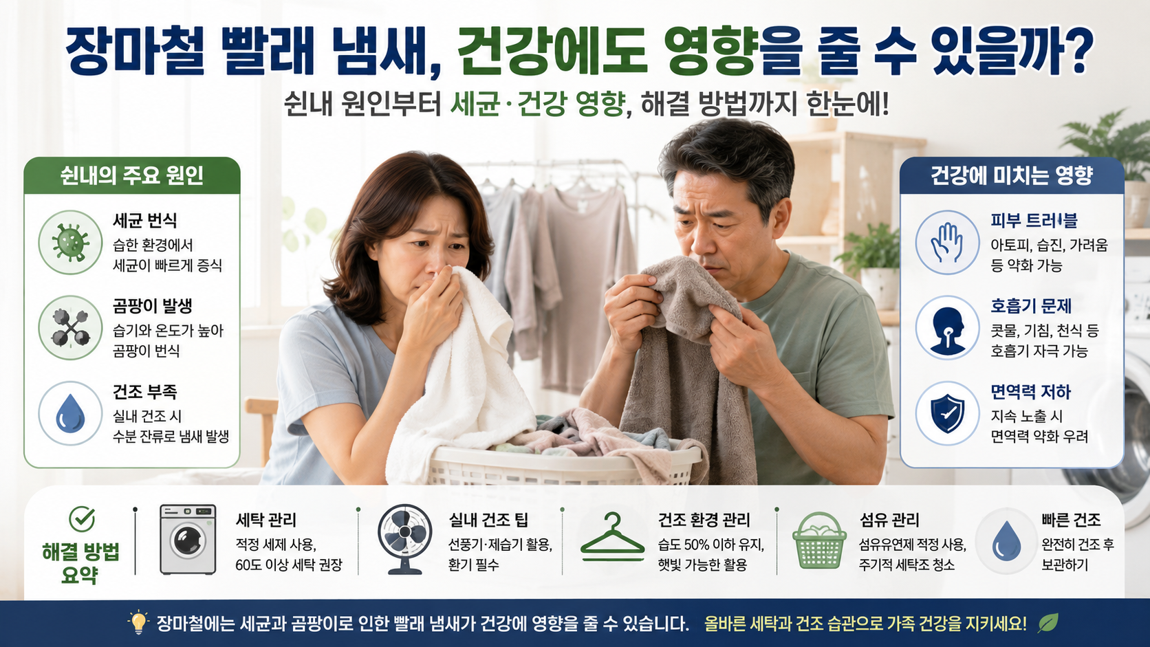 빨래 쉰내 계속 나는 이유, 세균 냄새와 실내 건조 관리법