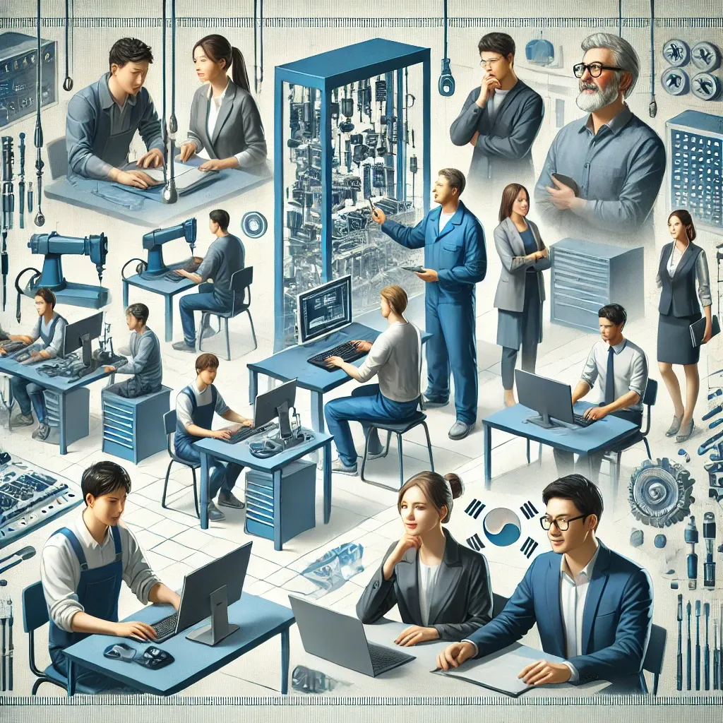 다양한 직업훈련 활동 중인 사람들과 현대식 교육 장비 이미지