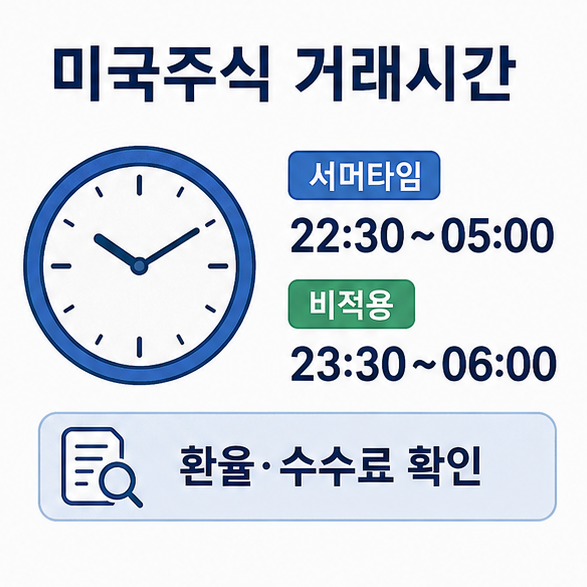 미국주식 정규장 시간과 서머타임 여부, 환율과 수수료 확인 사항을 보여주는 안내