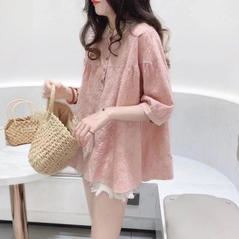 빅 사이즈 여성 여름 린넨 오버핏 반팔 카라셔츠블라우스