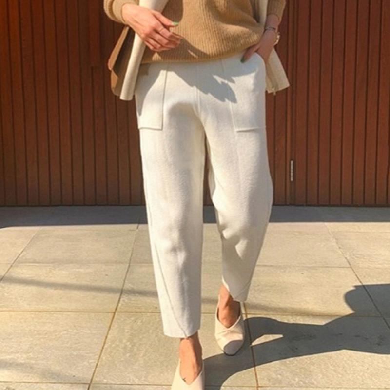 키작녀 울 니트 바지 슬랙스 세미 배기 팬츠 오프화이트 베이지 가을 겨울 041