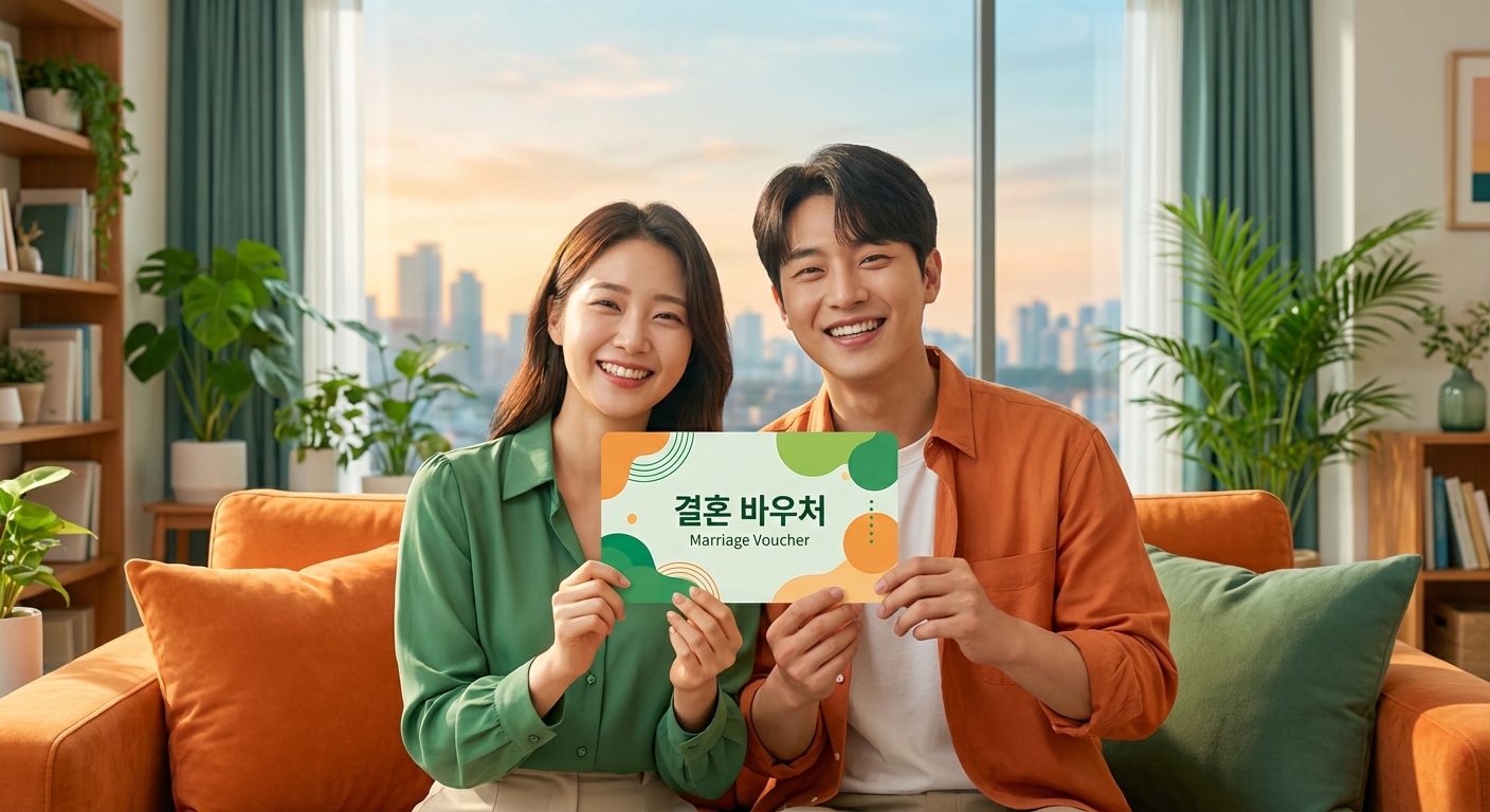 밝게 웃는 청년 부부가 결혼 바우처 카드를 들고 있는 모습, 희망과 주거 안정을 상징하며 저출생 정책의 기대감을 표현.