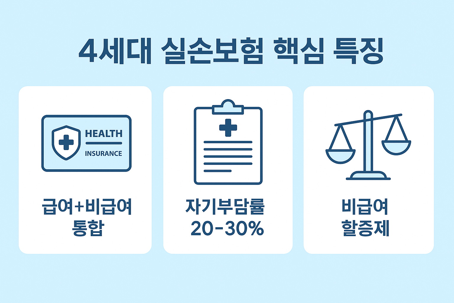 실손보험 개정 전 4세대의 급여·비급여 통합, 자기부담률, 비급여 할증제 등 주요 내용을 아이콘과 함께 설명한 인포그래픽