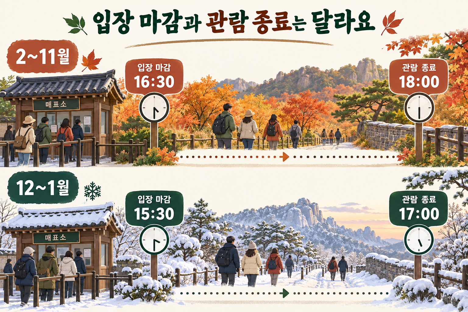 2~11월 입장마감16시30분 관람종료18시,12~1월 입장마감15시30분 관람종료17시