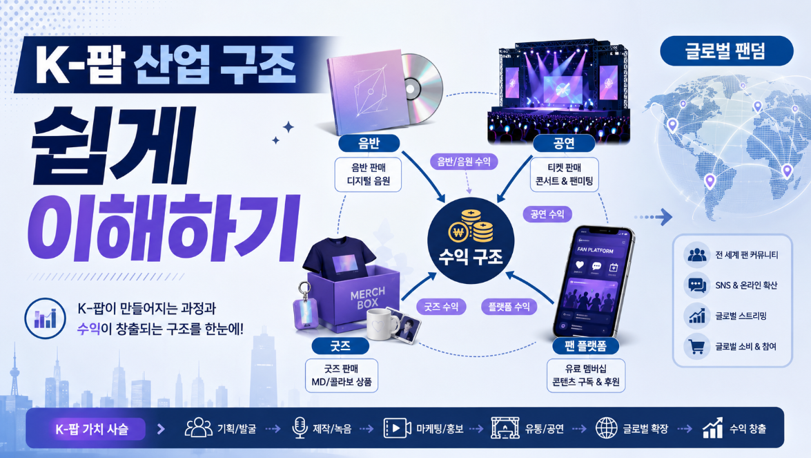 K-팝 산업 구조와 음반 콘서트 굿즈 팬 플랫폼 수익 모델을 설명하는 이미지