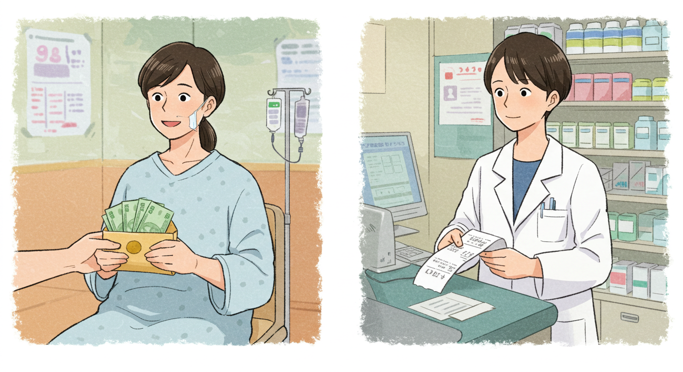 암보험과 실손보험의 지급 시점을 인물로 비교한 일러스트