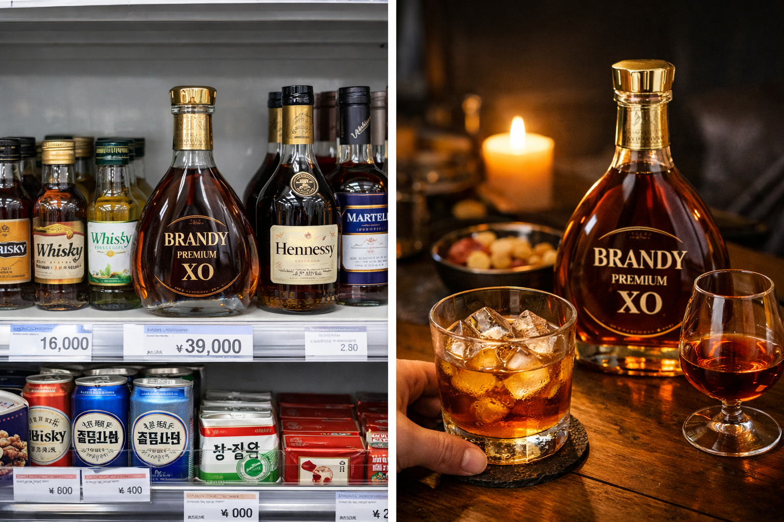편의점 브랜디 사진과 집에서 혼술 하는 사진