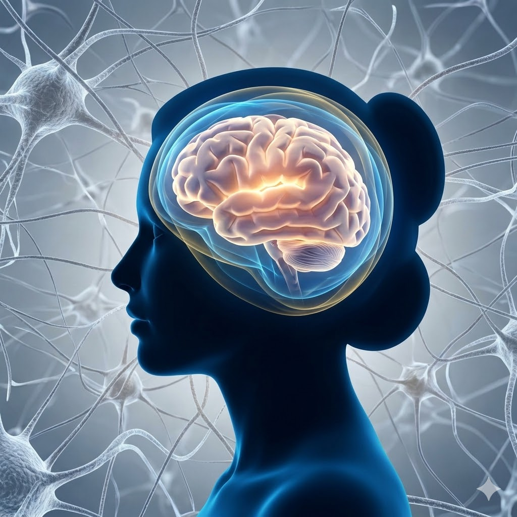 여성의 뇌 구조를 시각화하고 에스트로겐의 보호막 역할을 형상화한 메디컬 그래픽