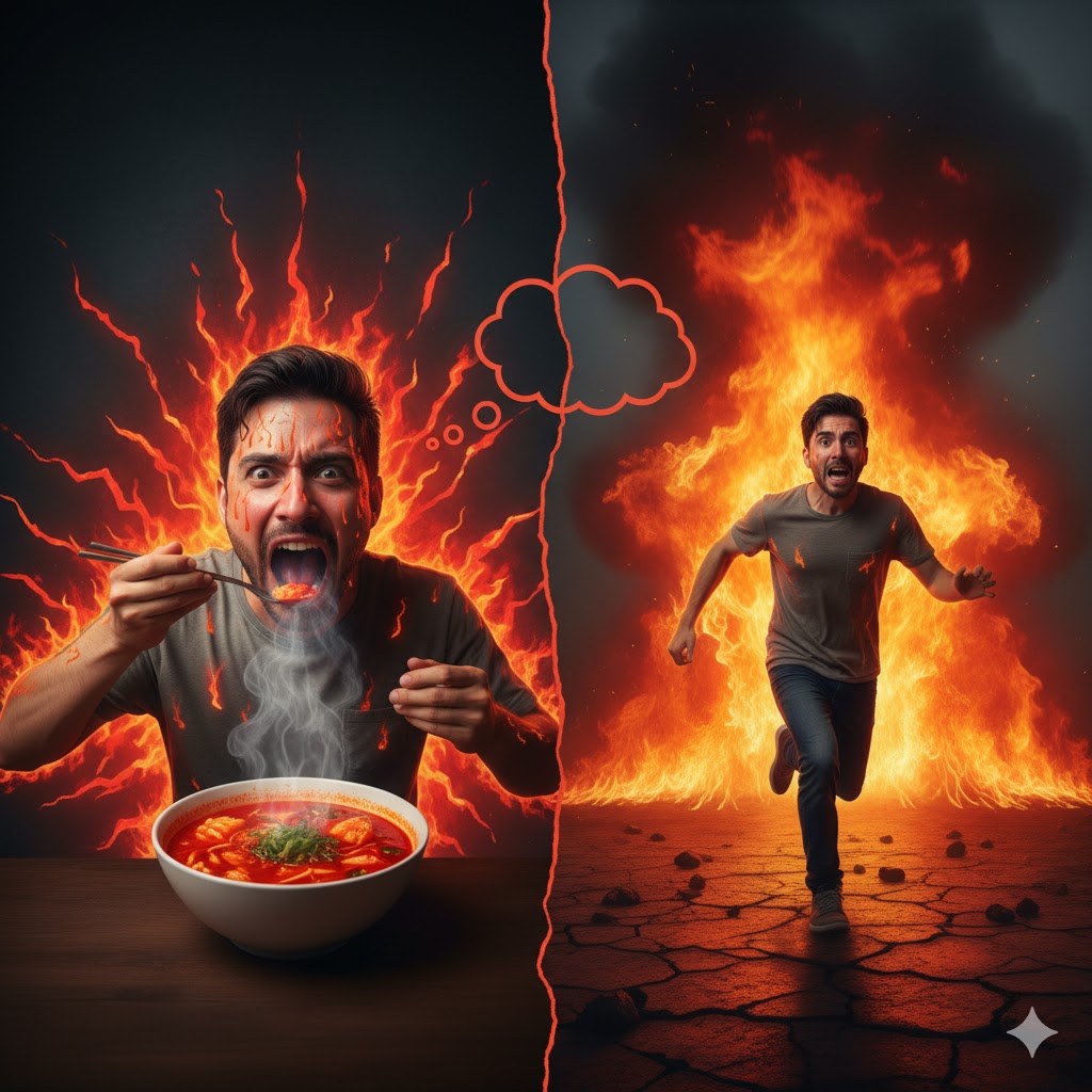 매운 떡볶이를 먹고 몸에서 열이 펄펄 나는 사람과, 꿈속에서 불길에 쫓기는 모습이 오버랩되는 이미지