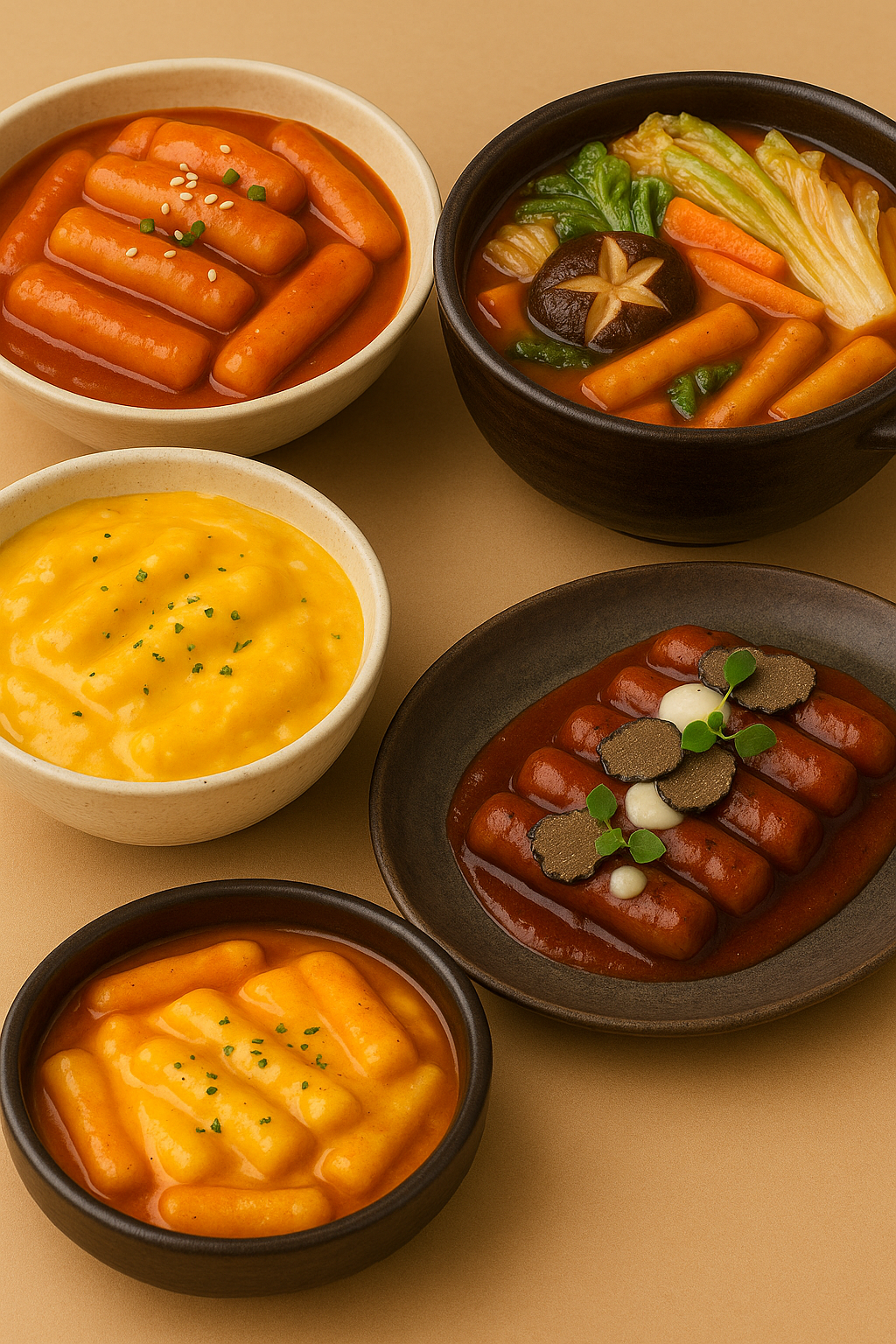 An assortment of tteokbokki dishes presented in various styles: classic tteokbokki with gochujang sauce, tteokbokki nabe in a traditional black earthen pot with vegetables, mac and cheese tteokbokki with creamy cheddar sauce, and gourmet tteokbokki topped with truffle slices and microgreens on a dark stone plate. The dishes highlight the global variations and culinary creativity of Korean spicy rice cakes.
