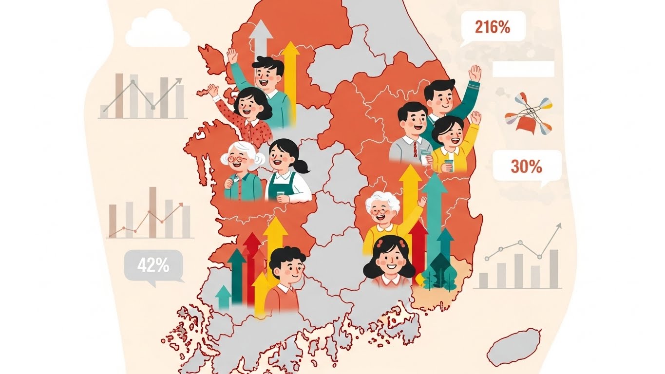 2026년 지역 차등지원 제도를 통해 활성화되는 대한민국 여러 지역의 모습을 다채로운 색감으로 표현한 지도 일러스트