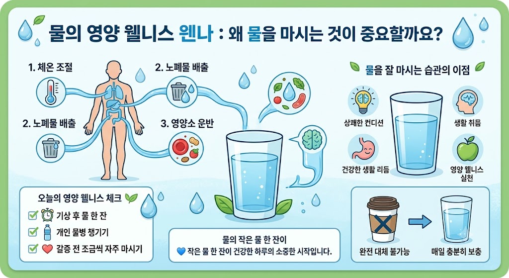 '물의 영양 웰니스: 왜 물을 마시는 것이 중요할까요?'라는 제목의 인포그래픽 이미지.
- 우리 몸에서 물이 하는 역할: 인체 일러스트와 함께 1. 체온 조절, 2. 노폐물 배출, 3. 영양소 운반 기능이 시각적으로 표현되어 있습니다.
- 오늘의 영양 웰니스 체크: 기상 후 물 한 잔, 개인 물병 챙기기, 갈증 전 조금씩 자주 마시기 항목이 체크리스트로 나와 있습니다.
- 물을 잘 마시는 습관의 이점: 상쾌한 컨디션, 생활 리듬, 건강한 생활 리듬, 영양 웰니스 실천 등의 장점이 물잔 일러스트와 함께 표현되어 있습니다.
- 커피와 물 비교: 커피잔 위에 '완전 대체 불가능' 표시가 있고, 물잔 방향으로 화살표가 이어지며 '매일 충분히 보충'이라고 적혀 있습니다.
- 하단 문구: '물의 작은 물 한 잔이 건강한 하루의 소중한 시작입니다.'라는 메시지가 담겨 있습니다.