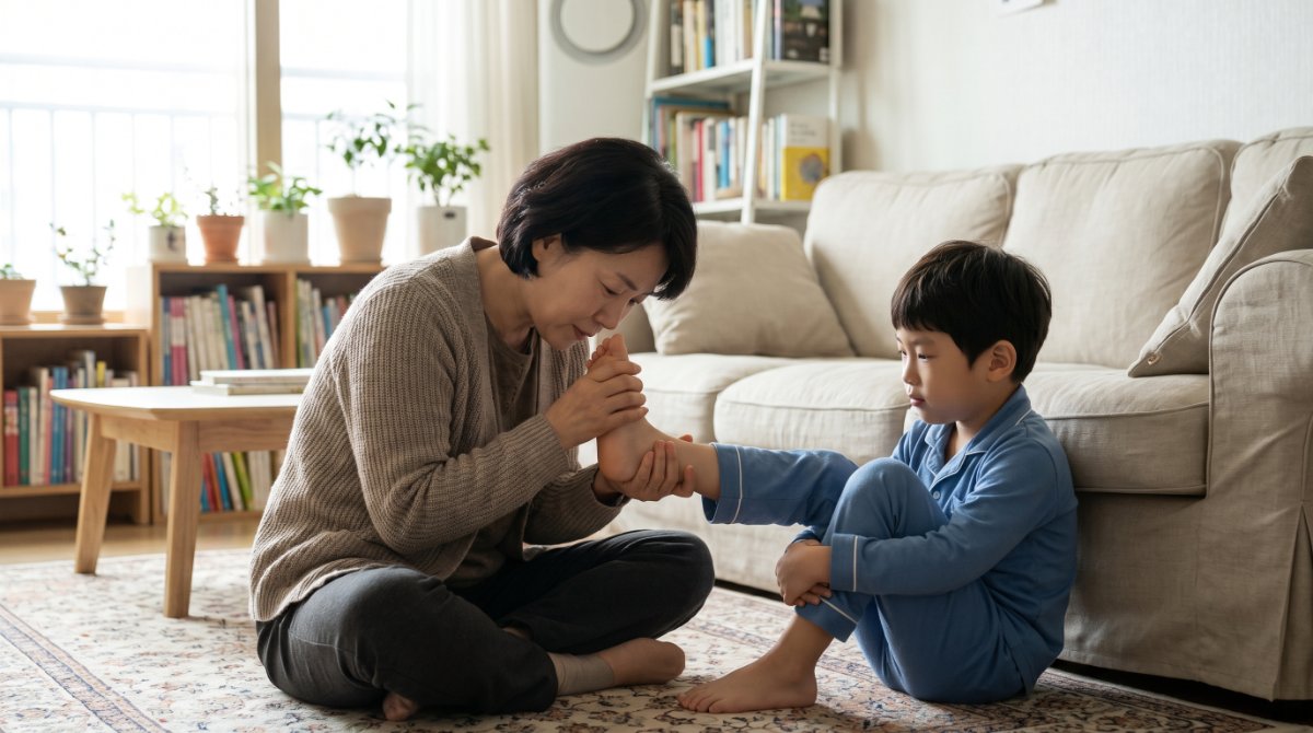아이 발을 살펴보는 부모 - 소아 평발은 집에서도 확인할 수 있습니다