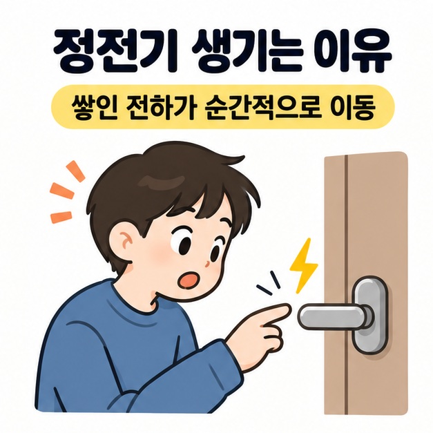 정전기 생기는 이유 제목 아래 문 손잡이에 손을 가까이 대고 놀라는 인물과 작은 번개 아이콘으로 순간적인 방전을 설명한 그림