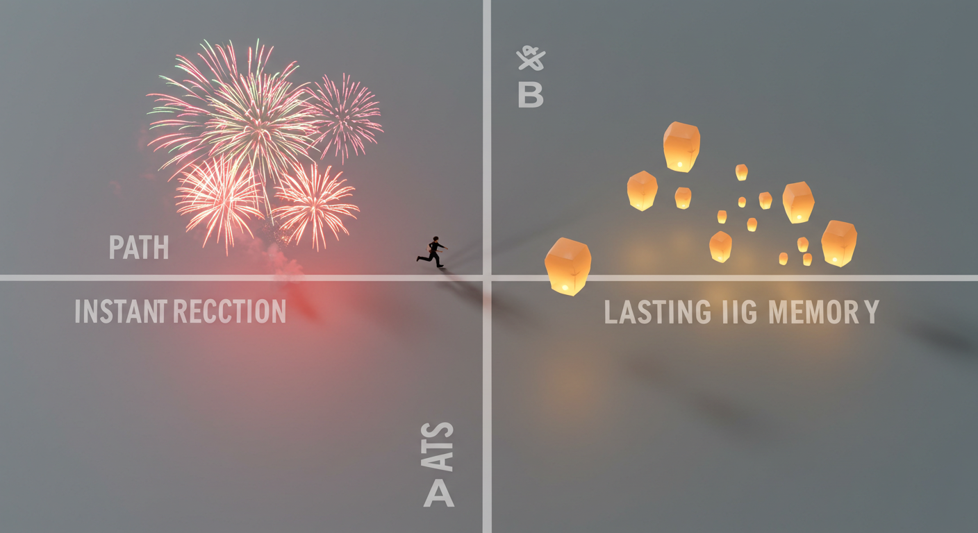 두 갈래 길 메타포: 화려한 불꽃으로 이어지는 길(A)과 작은 등불로 이어지는 길(B)을 상징적으로 표현한 이미지