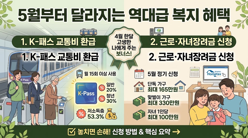5월 1일 출범한 K-패스 교통비 환급 혜택과 5월 정기 근로장려금 및 자녀장려금 신청 방법을 안내하는 복지 혜택 가이드 썸네일