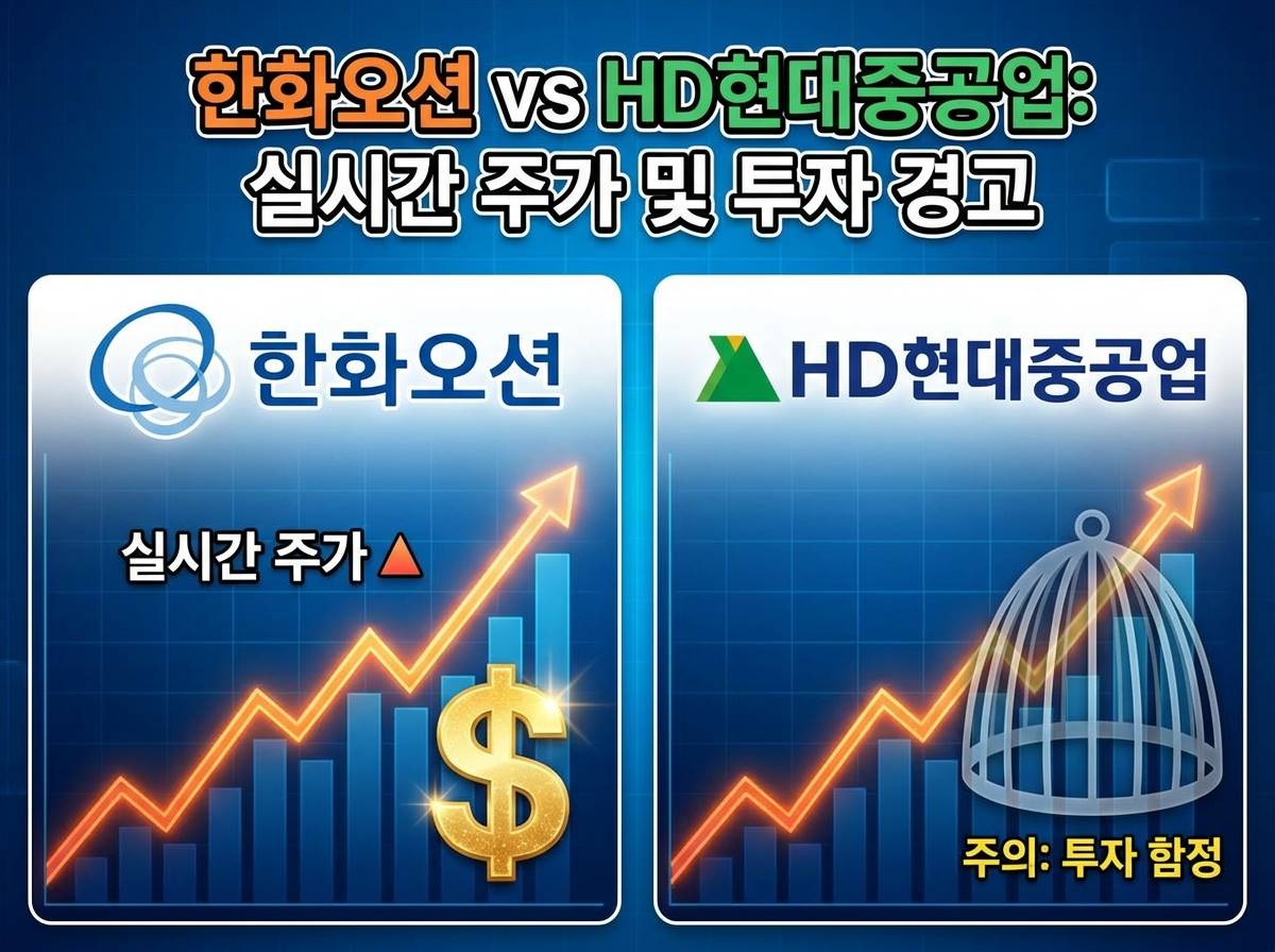 한화오션과 HD현대중공업의 로고가 배치된 가운데, 실시간 주가 그래프가 우상향하며 금색 달러 기호와 함정 실루엣이 겹쳐진 인포그래픽 스타일 이미지