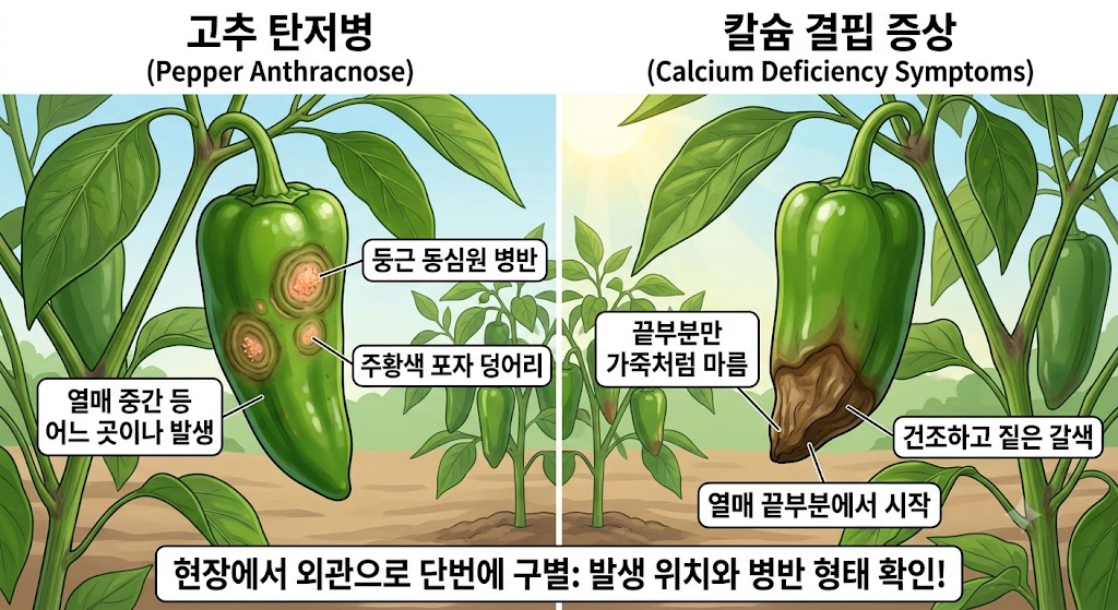 고추 탄저병의 둥글게 파고드는 주황색 동심원 병반과 칼슘 결핍으로 인해 끝부분만 가죽처럼 갈색으로 마른 모습을 비교한 현장 설명 삽화