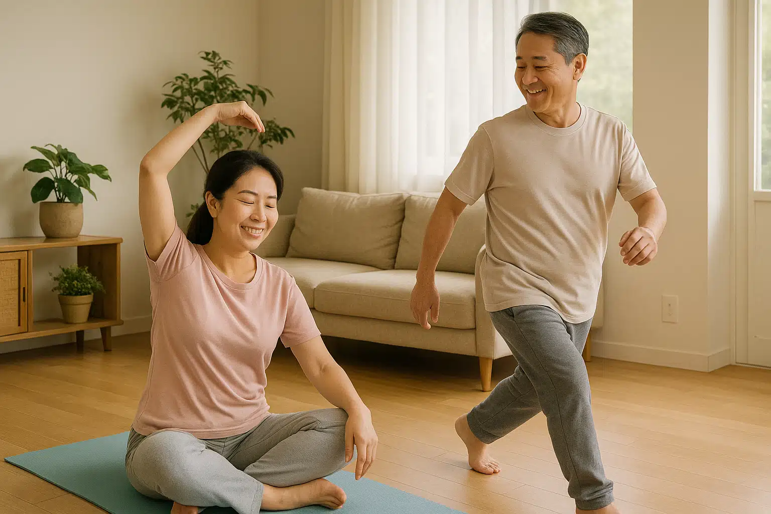 중년 부부가 함께 가벼운 스트레칭 하는 장면