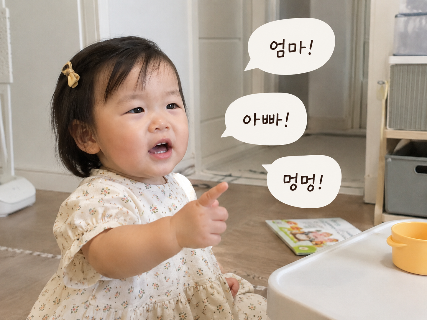 15개월 아기 언어발달, 엄마 아빠 멍멍을 말하며 손가락으로 가리키는 한국 여자아기