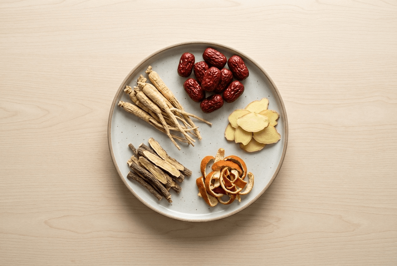 도라지, 대추, 생강, 감초 등 다양한 한방 재료가 접시에 정갈하게 담겨 있는 모습