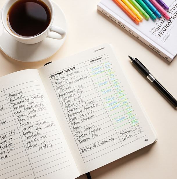 생각이 작성된 노트가 책상에 놓여 있다.