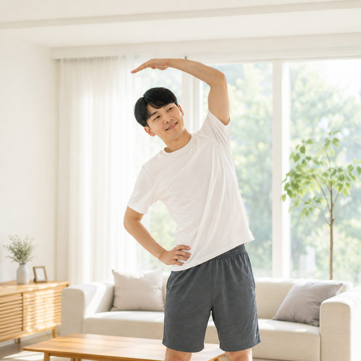 아침 스트레칭으로 몸을 깨우는 건강한 생활 모습