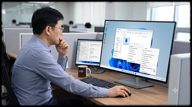 윈도우 11에서 의심스러운 파일을 Microsoft Defender로 검사하는 모습