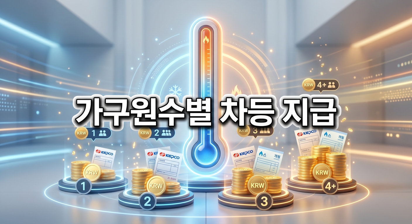 여름과 겨울을 상징하는 푸른색과 오렌지색 불빛이 나오는 디지털 온도계를 중심으로, 1, 2, 3, 4 숫자에 맞춰 분류된 빛나는 금화와 요금 고지서가 놓여 있는 3D 일러스트 배경에, 짙은 그림자와 외곽선으로 선명하게 강조된 '가구원수별 차등 지급'이라는 한글 문구가 중앙에 적힌 이미지