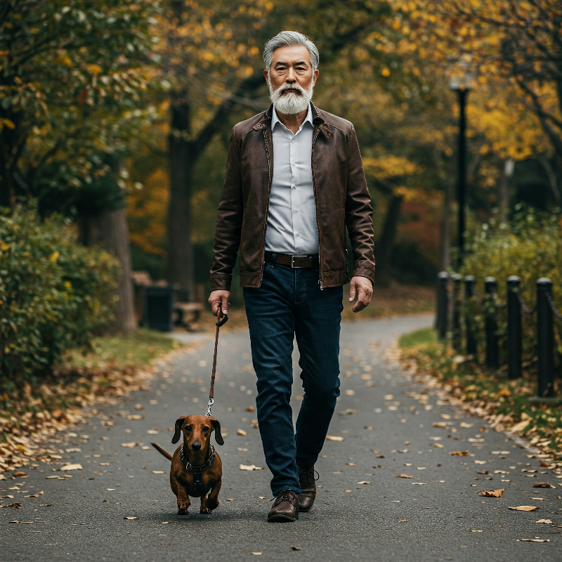 반려동물과 산책하는 시니어 남성