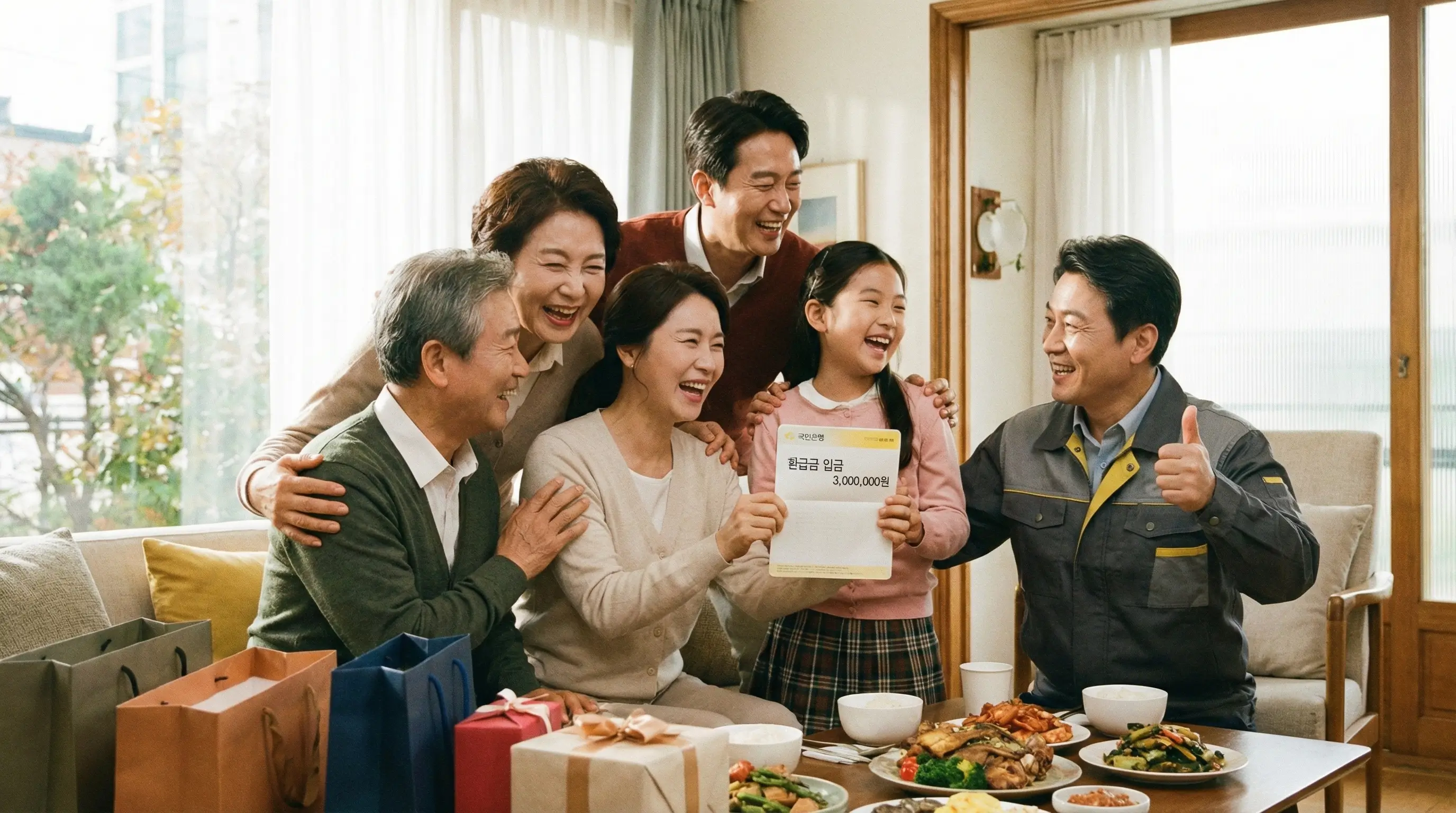 환급금이 입금된 통장을 들고 기뻐하는 가족과 사장님의 모습, 경제적 혜택을 누리는 행복한 이미지