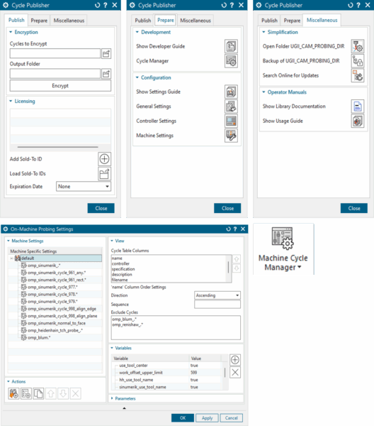 NX On-Machine Probing Machine Cycle Manager 화면