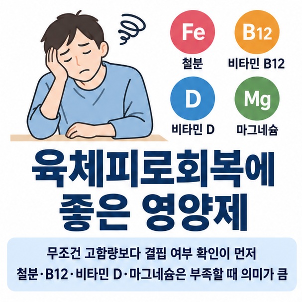 육체피로회복에 좋은 영양제와 철분 비타민 B12 비타민 D 마그네슘을 결핍 여부 중심으로 보여주는 건강 교육용 이미지