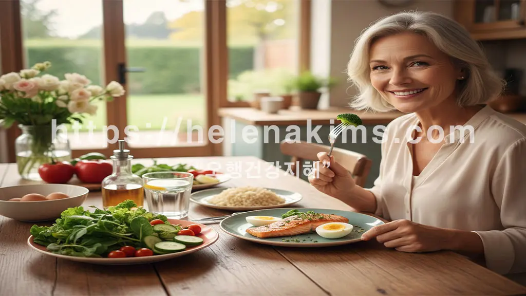 깔끔한 식탁 위에 샐러드와 연어 스테이크, 삶은 달걀 등이 차려져 있고 중년 여성이 식사하는 이미지.