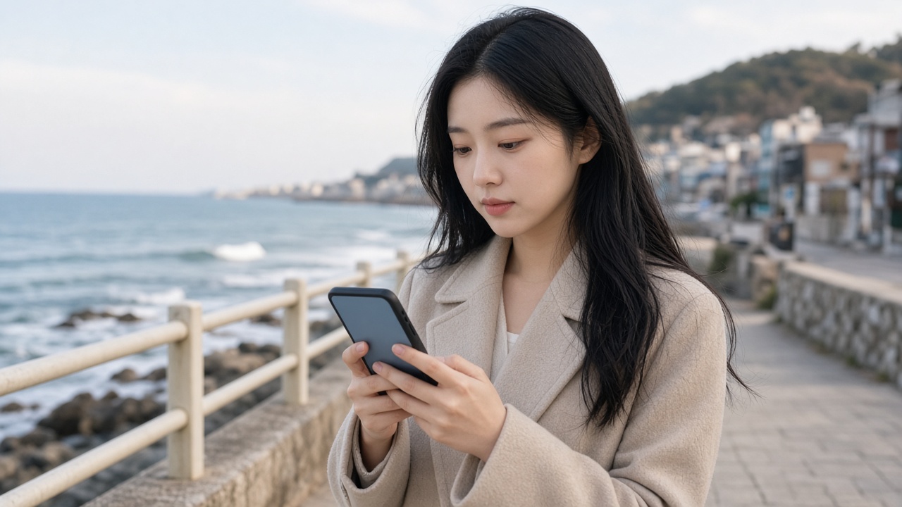 스마트폰으로 공연 좌석 예매 화면을 확인하는 20대 한국인 여성