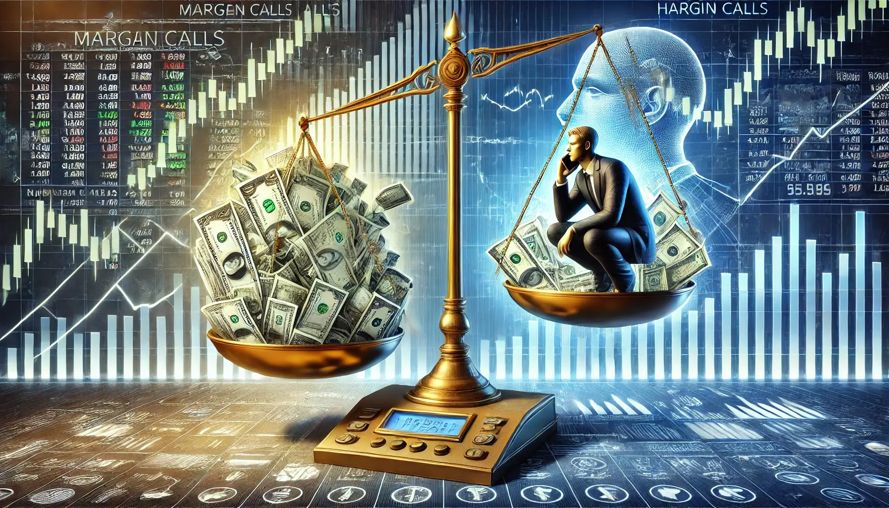 저울이 있고 왼쪽에는 돈이 저울위에 많이 올려져 있고 오른쪽 저울계에는 사람이 올라가서 전화를 받고 있는 모습이다. 이는 레버리지와 관련된 그림이다.