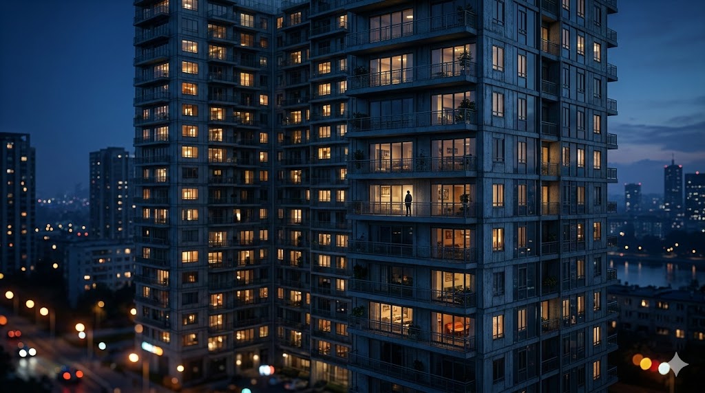 도시의 밤거리를 배경으로 창문에 불이 켜진 아파트 단지의 감성적인 일러스트