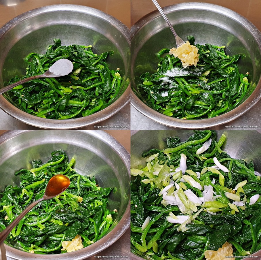 시금치나물 무침을 하기 위해서 데쳐진 시금치가 담긴 양푼에 맛소금 1Ts&#44; 마늘 1Ts&#44; 참기름 2Ts&#44; 쪽파(흰색 부분)을 양념으로 넣어주는 사진