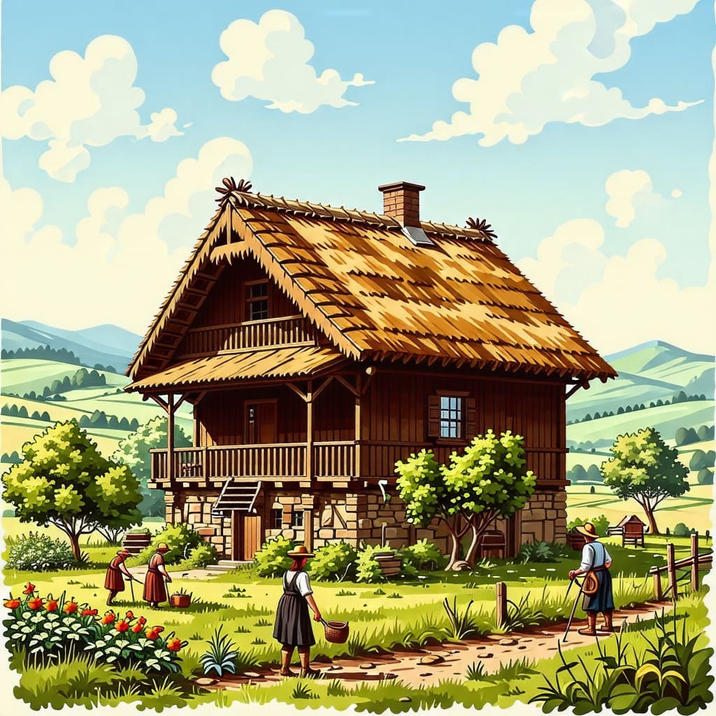 전통적인 농림지역 건축 양식의 역사적 배경을 설명하는 이미지로, 문화적 가치를 전달합니다.