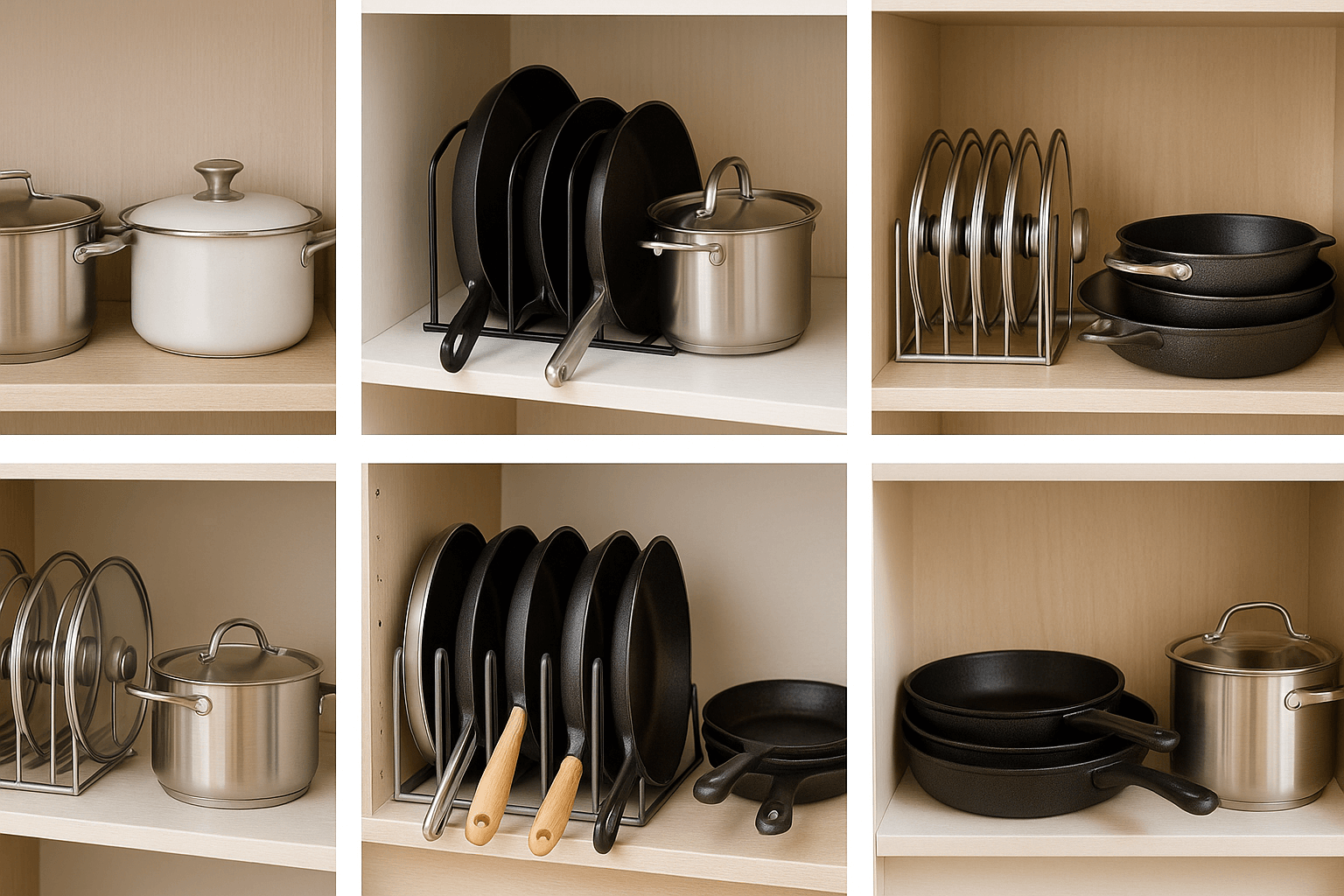 냄비들이 가지런히 정리되어 있는 사진