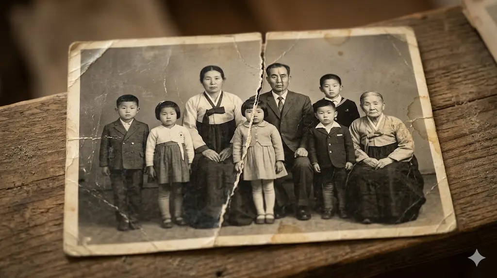 가족이라는 끈끈한 이름 속에 교묘하게 감춰진 단절을 상징하는 살짝 찢어진 낡은 흑백 가족사진