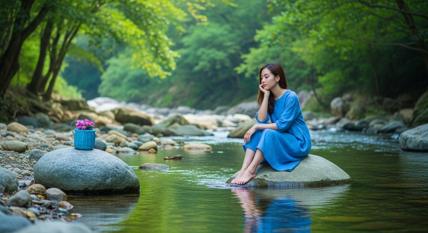 고요한 숲속 냇가에 앉아 물에 비친 자신을 바라보며 사색하는 여성. 영화 <여행과 나날>을 통해 내면을 치유하는 모습.