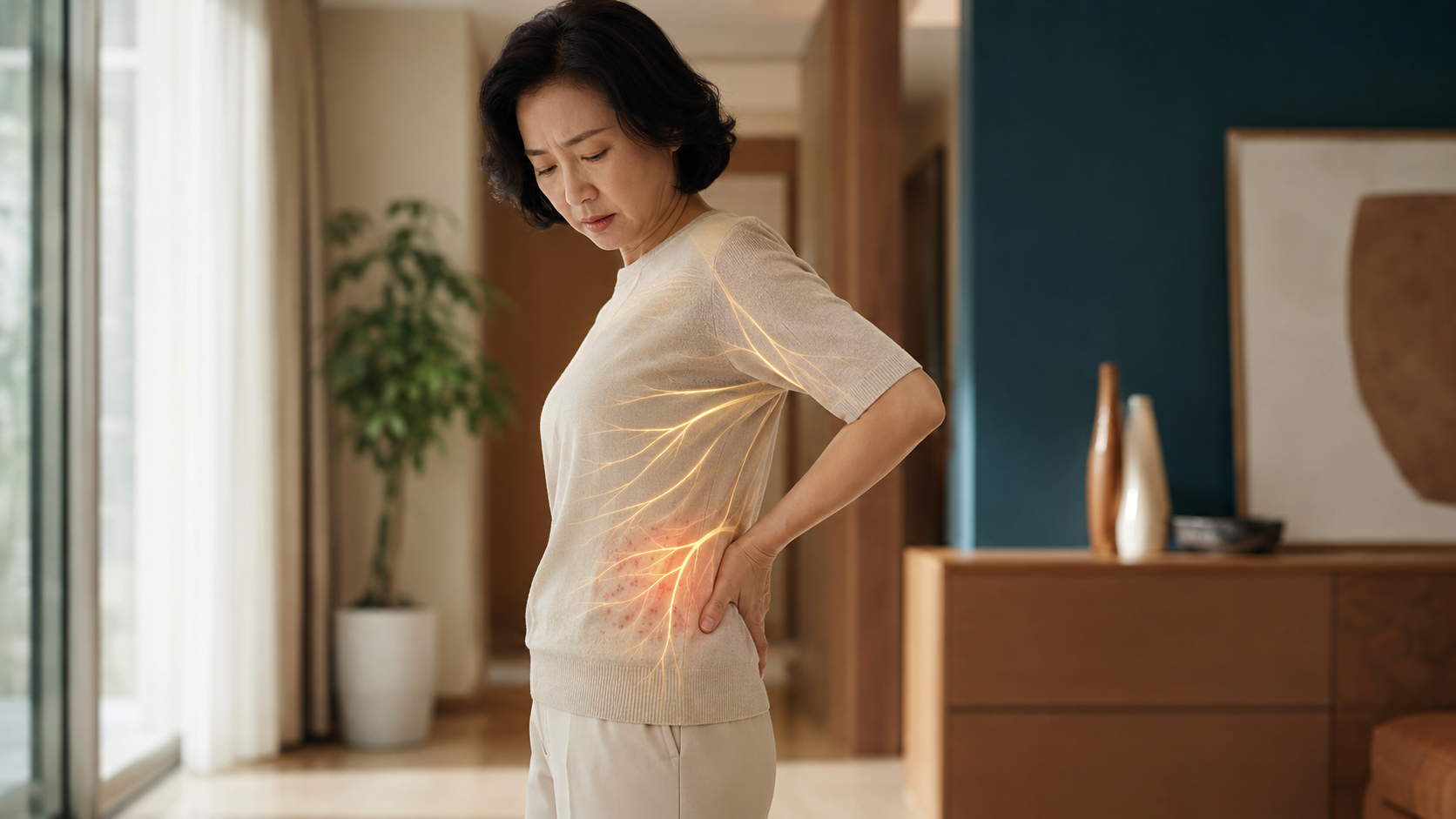 몸 한쪽의 따끔거리는 통증과 대상포진 초기 피부 증상을 느끼는 중년 여성