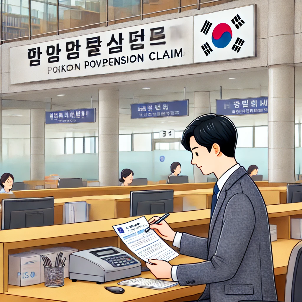 정부 사무소에서 서류를 제출하는 한국인