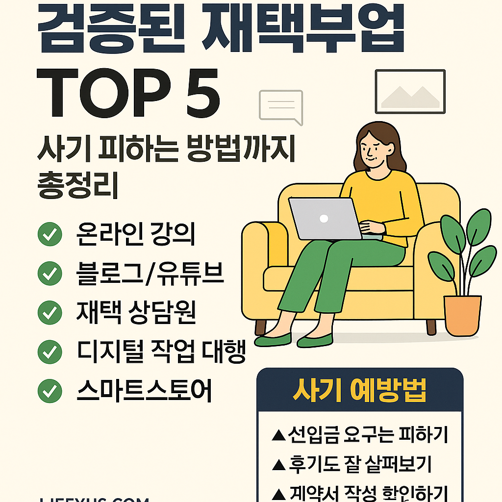 검증된 재택부업 TOP 5 인포그래픽 - 온라인 강의, 블로그, 디지털 작업 등 추천 부업과 사기 예방 방법