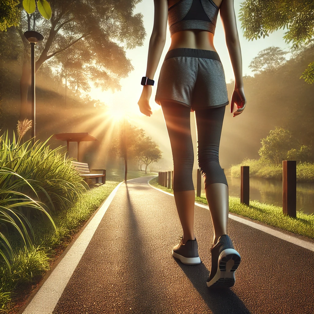공원 산책길을 따라 걷고 있는 운동복 차림의 사람, 아침 햇살이 비추고 주변은 푸른 나무로 둘러싸여 있으며 손목에는 피트니스 트래커가 착용된 모습