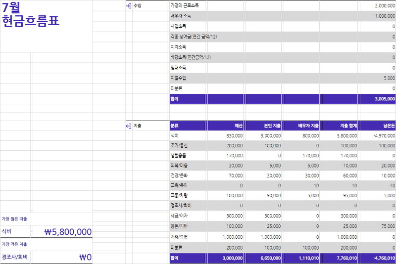 월간 현금흐름표 상세 항목