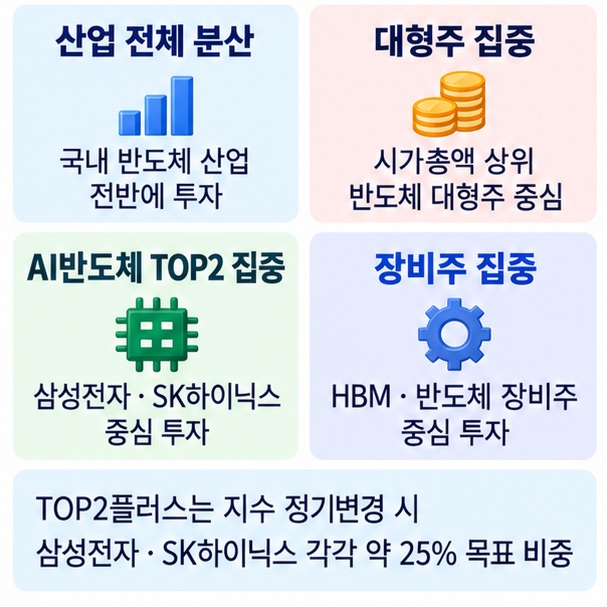 산업 전체 분산 대형주 집중 AI 반도체 대형주 집중 HBM 장비주 집중으로 ETF 선택 목적을 구분한 이미지
